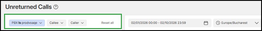 Unreturned Calls filter bar showing dropdown filters for PBX, Callee and Caller, along with a Reset all button
